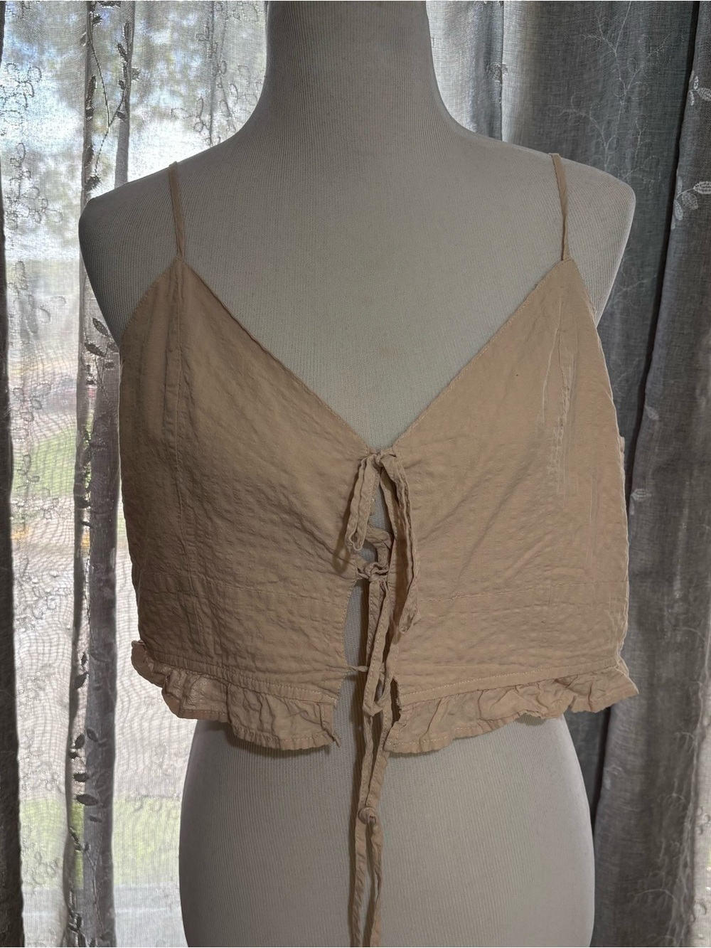 aerie Cream Tie-Front Ruffle Crop Cami